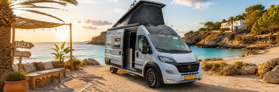 Adria camper op Ibiza na gewicht camper opwaarderen