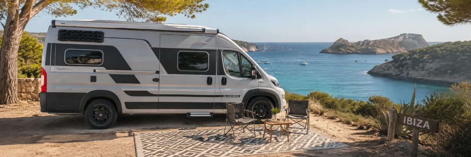 Camper met tractieplaten bij een campingplek aan zee