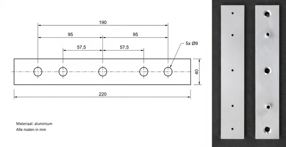 Tekening en foto van aluminium ophanging voor camper tractieplaten